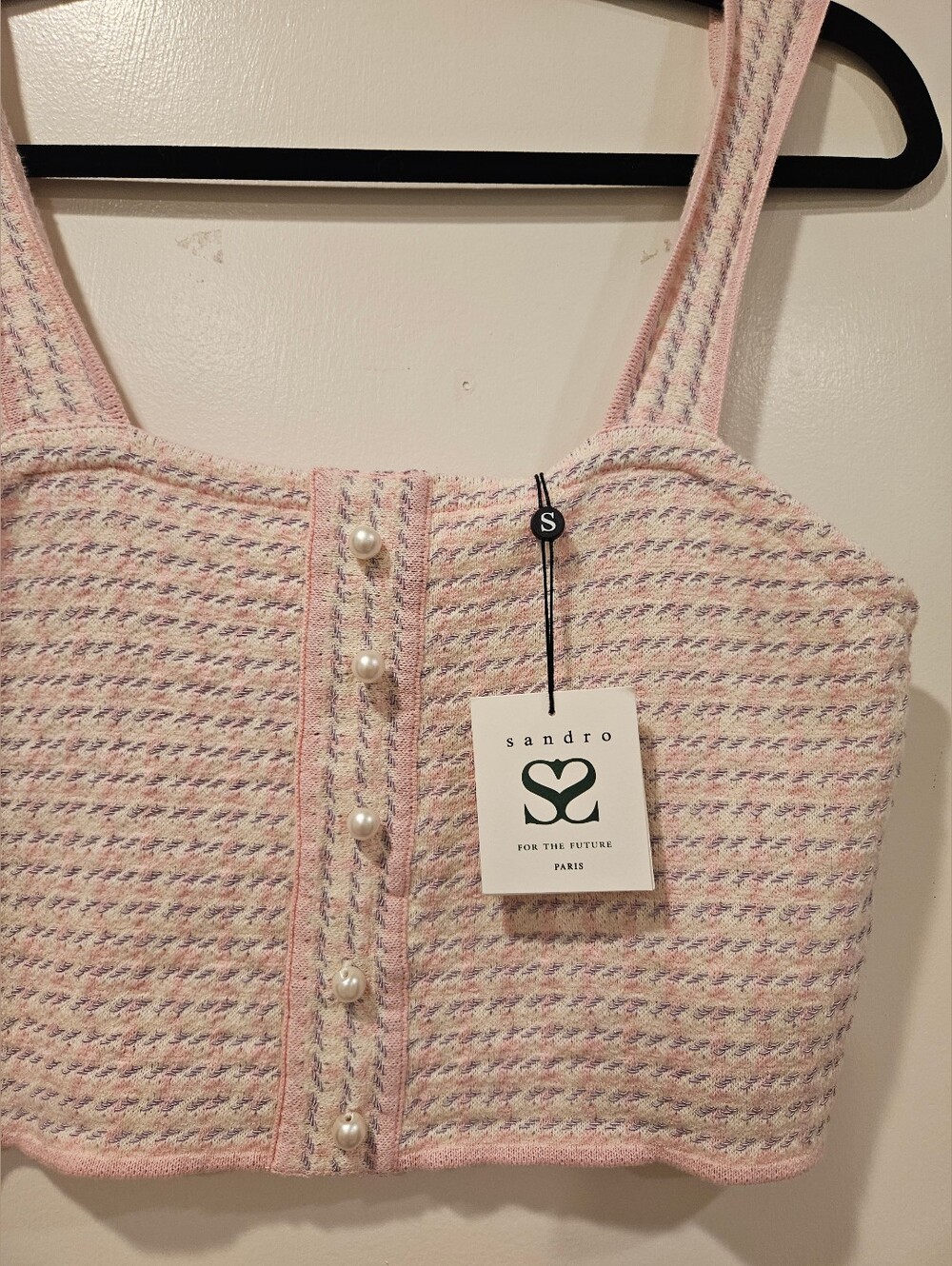 SANDRO Daniella Tweed Cropped Top Rose Pink $220 Paris Size Small NWT - Picture 12 of 16